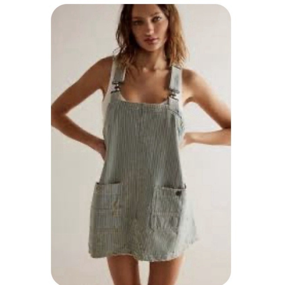 We The Free People Distressed  Striped Denim Overall Mini Dress Women Size XL